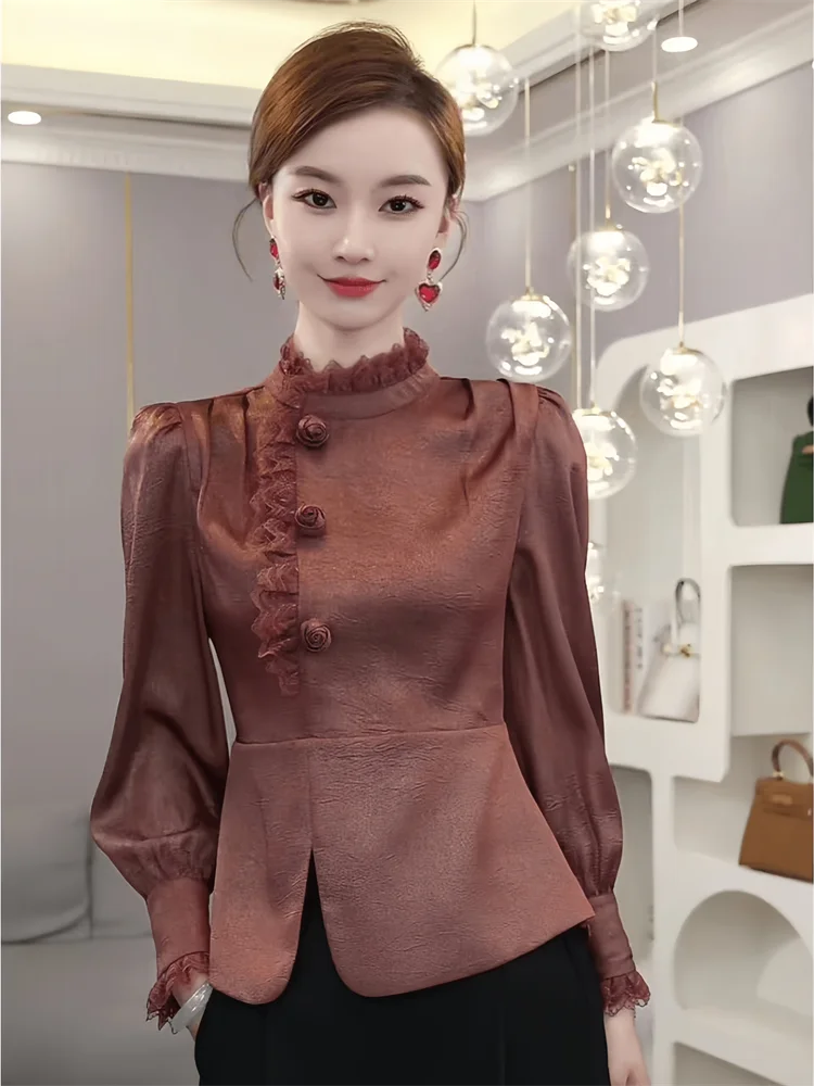 Autumn Women\'s 2024 New Item Light Luxury Fashion Temperament Highlights White Red Brown Long Sleeved Top French Shirt Women\'s
