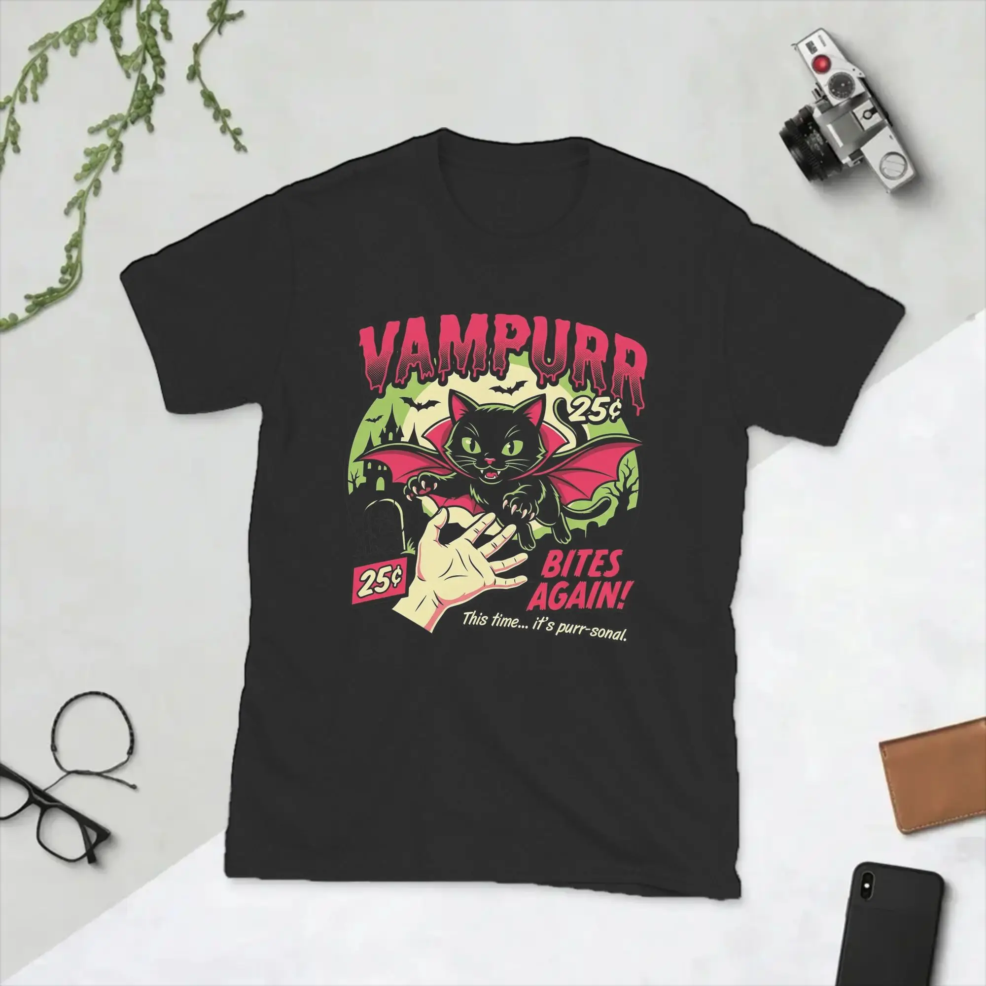 Vampurr Bites Again Halloween Vampire Cat Men's T Shirt  Novelty Tees Short Sleeve Round Neck T-Shirt Pure Cotton Clothing