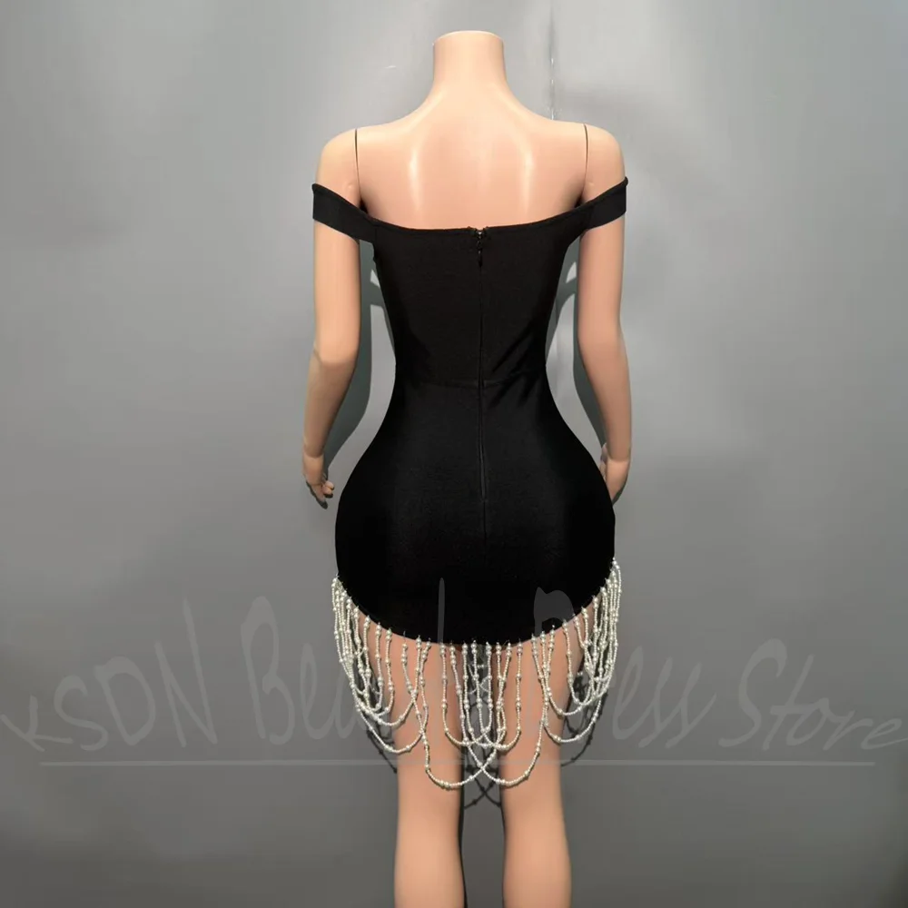 Fashion Pearls Women Dresses Exquisite Off The Shoulder Beads Black Prom Gowns Luxury Short Style Evening Party Mini Dresses