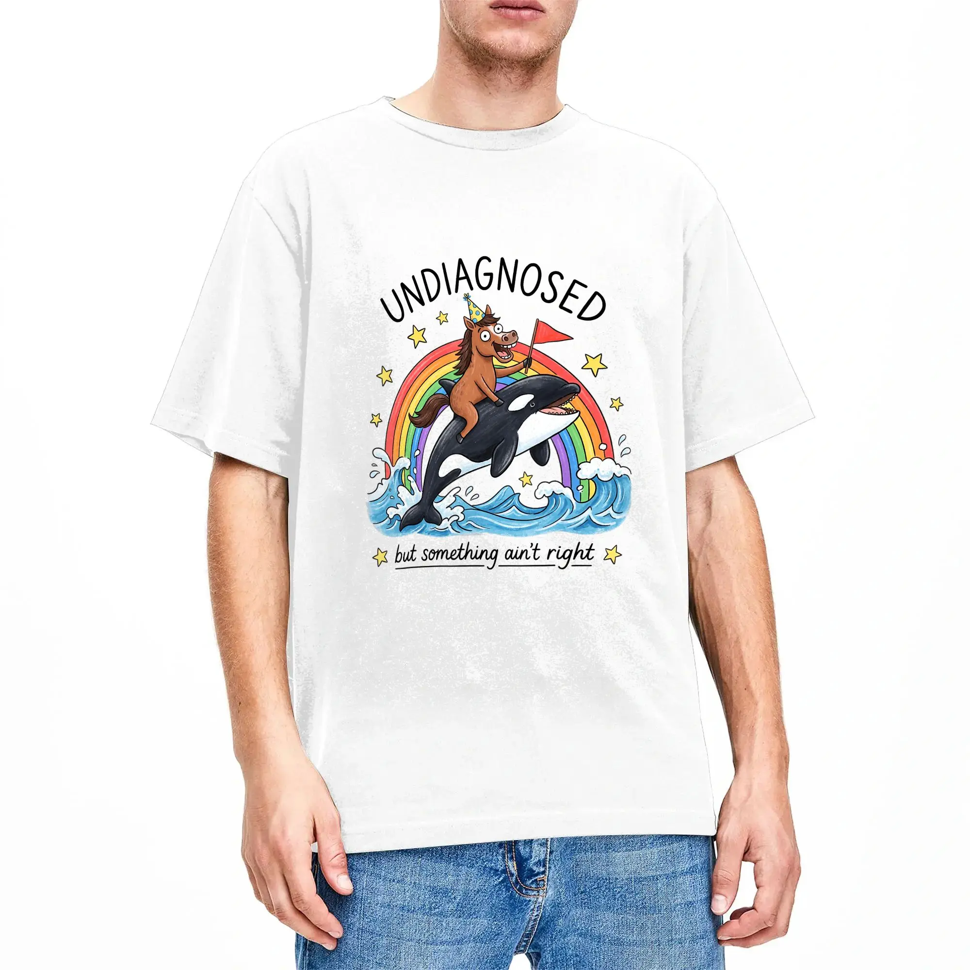 Men's Undiagnosed But Something Ain't Right Horse Riding Whale T-Shirts  Cotton Tees Summer Vintage Short-Sleeve T Shirt O-Neck