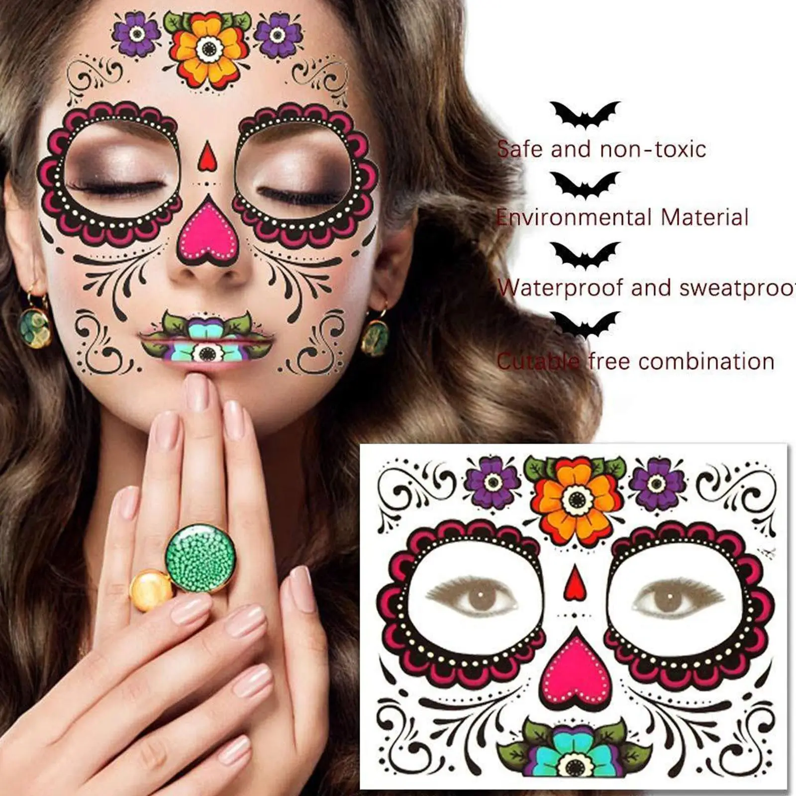 1pc Waterproof Temporary Tattoo Stickers Facial Makeup Special Facial Death Skull Body Dress Up For Halloween Day Of The Dead