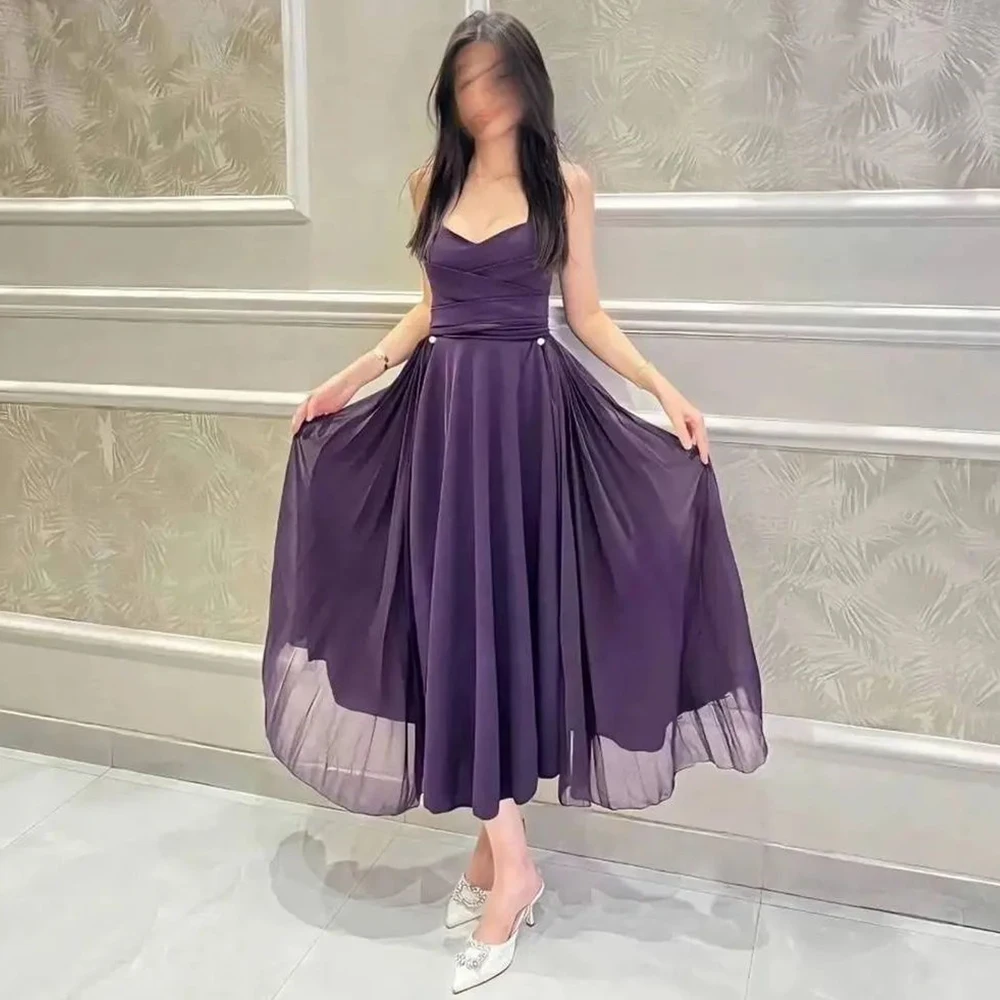 

Simple Purple Chiffon V -Neck Prom Dress Tea Length Straight Evening Prom Dress Backless(Open Back) Elegant Evening Gowns