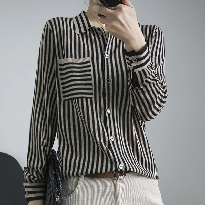 

Spring Autumn Loose Women's Striped Shirt Korean Style Knitted Base Layer Shirt Outerwear Coat Casual Commute Fashion