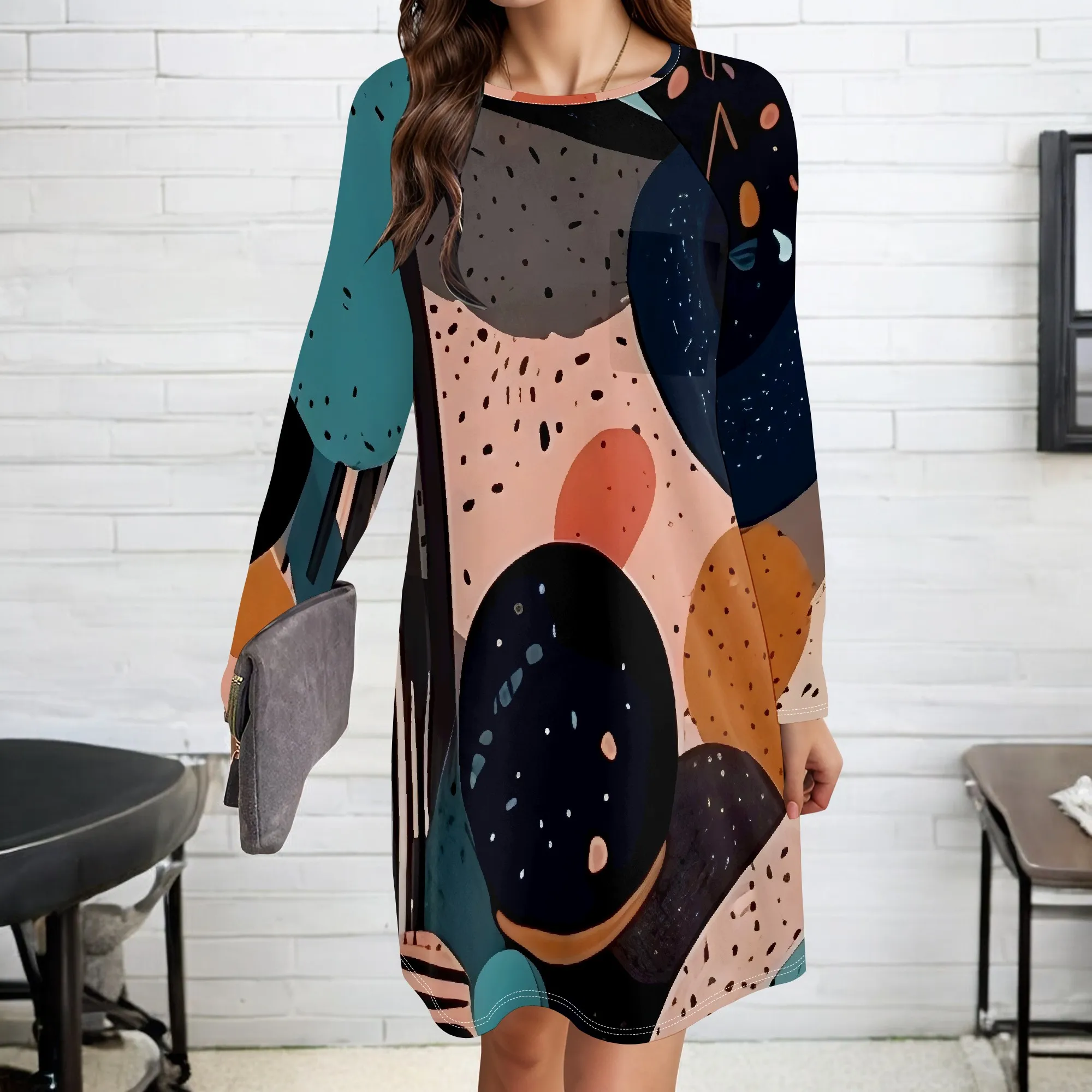 

Women's Summer Autumn 3D Fashion Printed Long Sleeve Round Neck Dress