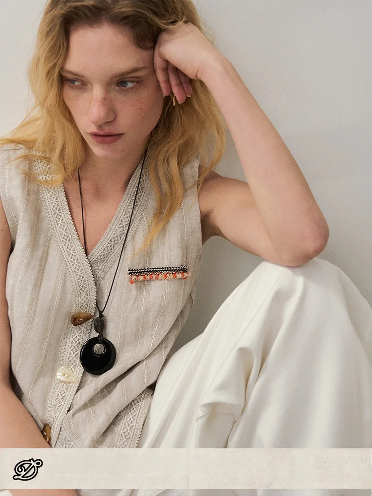 

l Linen Embroidered Texture V-Ne Tank Top Svel Vest Summer Regular Fit Slimming Single Button Closure Pure Color