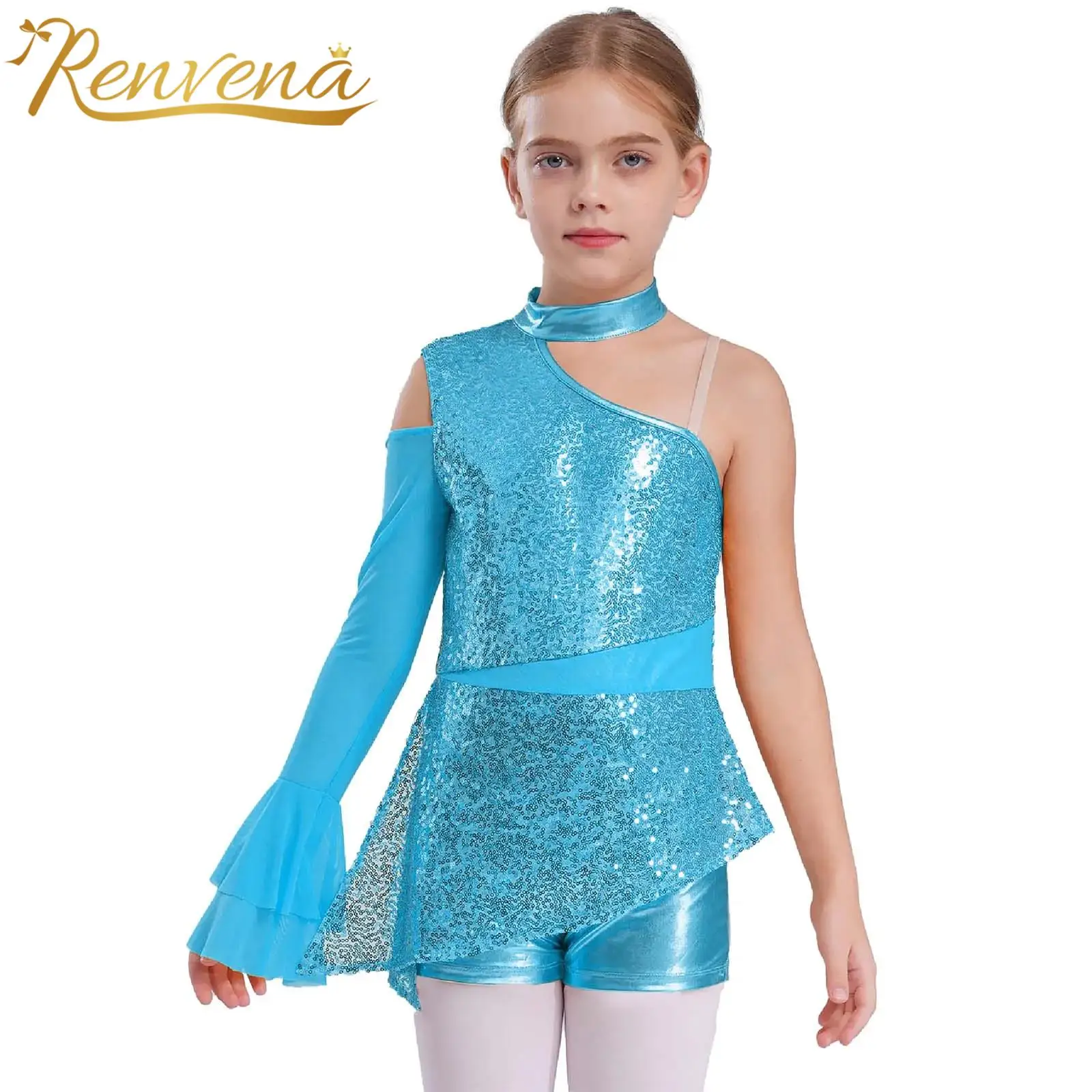 6-16y Kids Girls Sparkly Sequins Latin Jazz Dance Peplum Leotard Dance Costume Ballroom Dancing Tango Performance Bodysuit