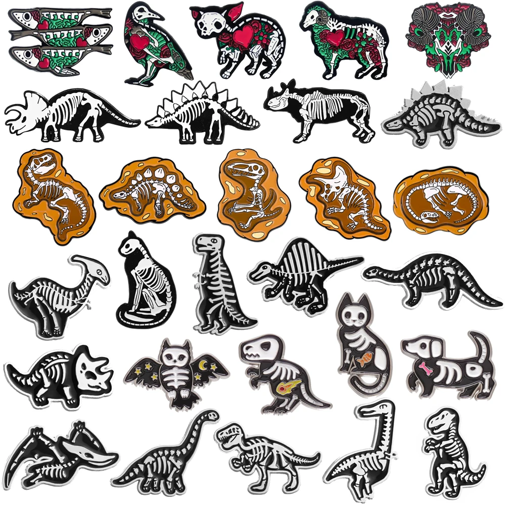 Cartoon Animal Bone Enamel Brooch Dinosaur Fossil Fish Bird Cow Sheep Dog Skeleton Specimen Metal Badge Punk Pins Jewelry Gift