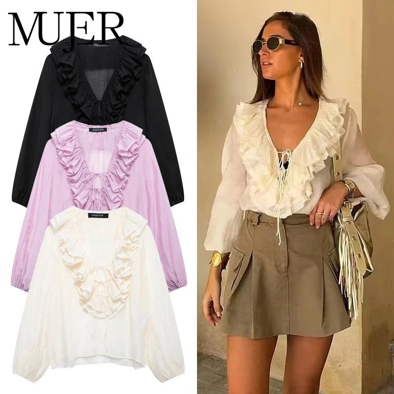 

MUJER 2025 Ruffle Blouses for Women Semi Sheer Casual Blouse Woman Pleated Summer Shirts and Blouses Women Long Sleeve Women Top