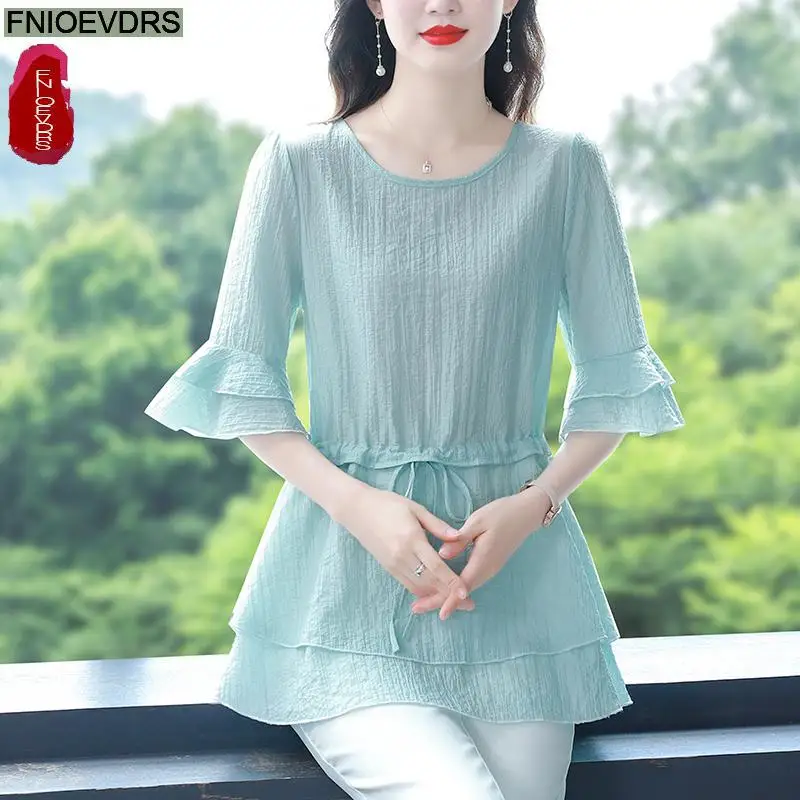 S-4XL 2023 Women Summer Short Sleeve Elegant Office Lady Work Shirt Casual Slim Drawstring Waist Tunic Peplum Tops And Blouses