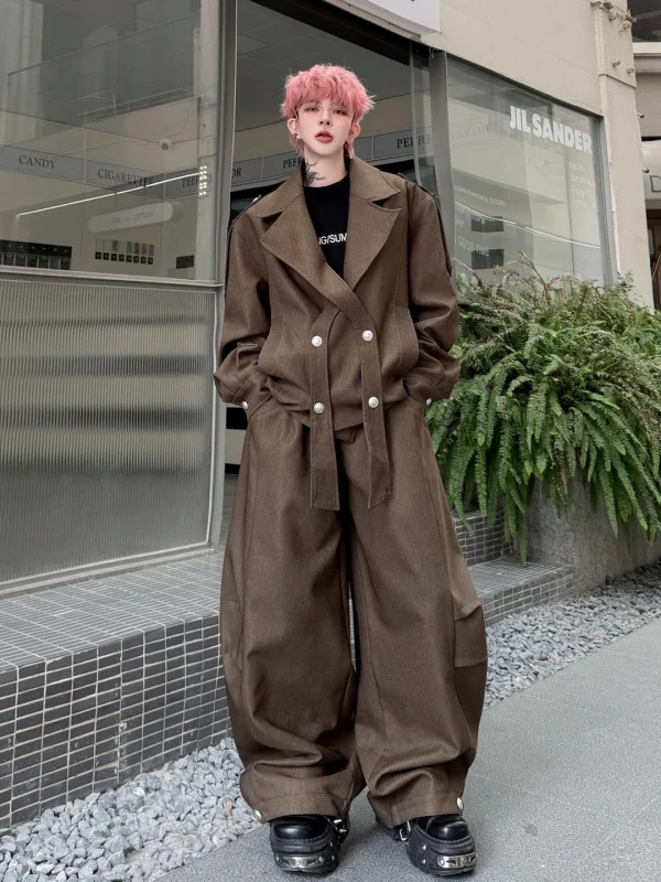 

American Style Cross Sash Design Sense Shawl Collar Jacket Set Men's Wide Leg Knife Long Pants Men's Set Match High-End Feel