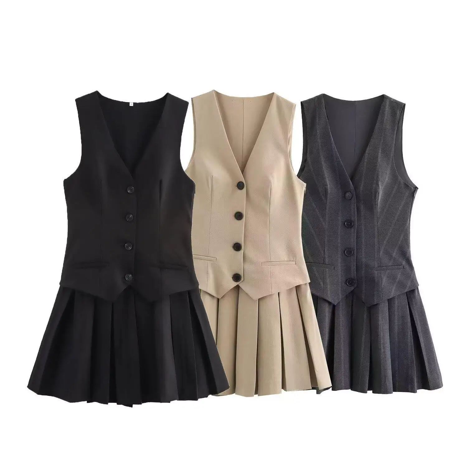 

Women's Pleated Tank Dress V Neck Sleeveless Button Mini Pleated Skirt Fake Pocket Tank Dress 2025 New Short Skirt Mujer