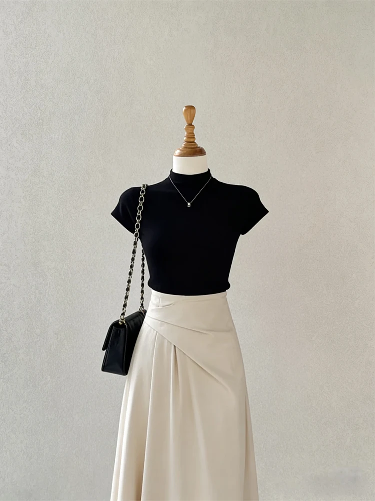 Slimming High Waist Midi Skirt Set with Black Short Sleeve round Neck Basic Color T-Shirt Fashionable Summer Outfit for Women