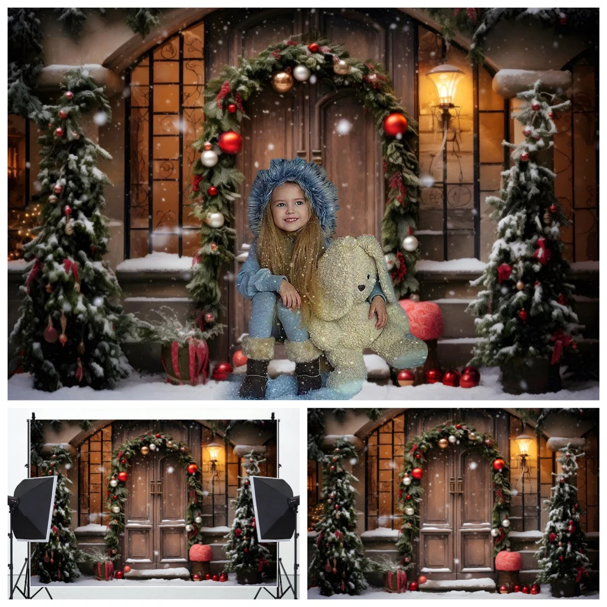 Christmas Backdrop Photography Wooden Door Winter Glitter Xmas Tree Decor Holiday Party Kids Portrait Photo Background Photozone