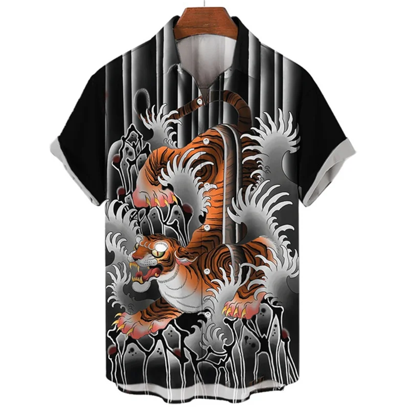 Zomer 3d Dragon En Tijger Print Heren Knappe Losse Veelzijdige Shirts Met Korte Mouwen 2023 Mode Strand Casual Herenkleding