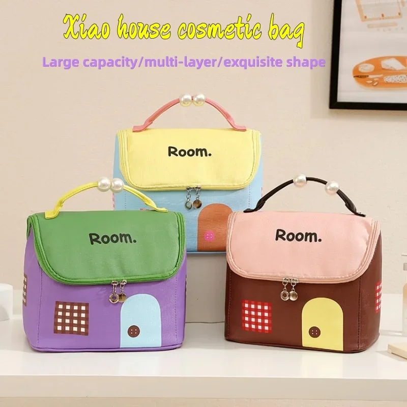 1 Stück kleine Kosmetiktasche im Hausdesign, große Kapazität mit Fächern, Handtasche mit doppeltem Reißverschluss, ideal zum Packen von Reisegepäck, tragbare Aufbewahrungstasche für Reisen. – Detail 8