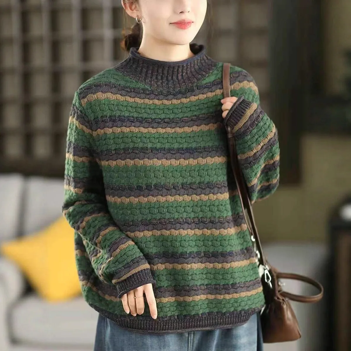 Winter Fall Vintage Sweater for Women Good Quality Classical Striped Cotton Yarn Half High Neck Long Sleeve Pullover Knited Tops