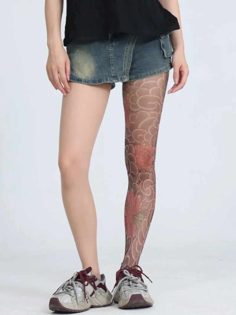

Peony Flower Leg Tattoo Stockings Summer Thin Pantyhose Long Socks With Patterns On One Side And Solid Color On The Other NTNG