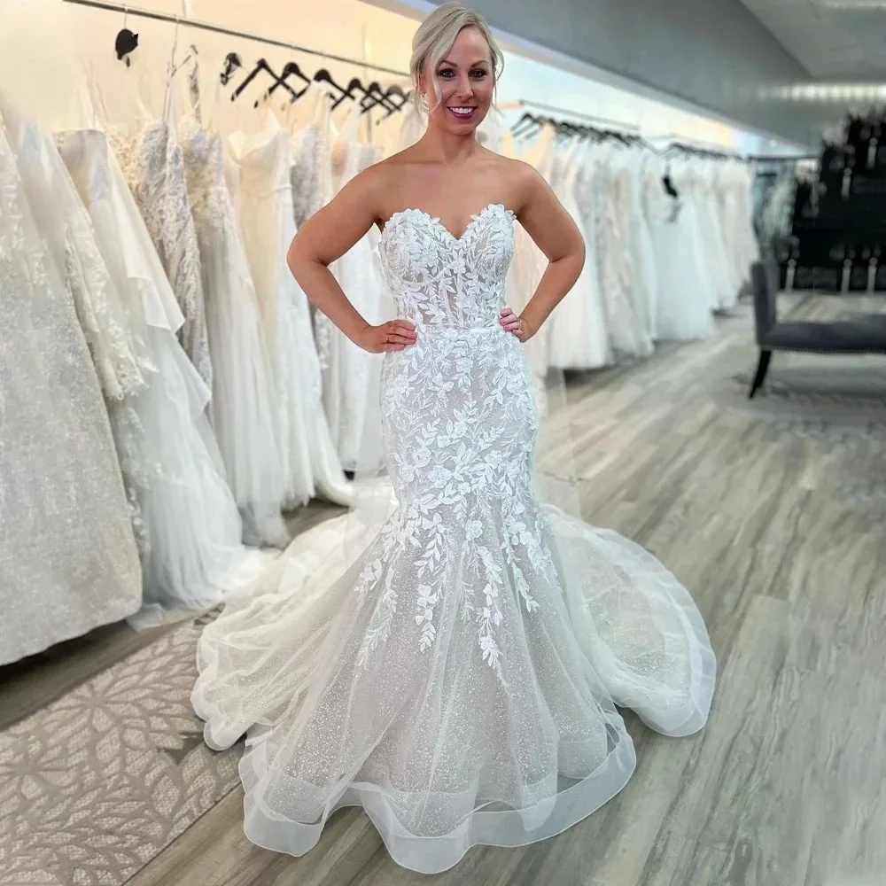 Elegante querida sereia vestidos de casamento para noiva sem alças glitter vestido de noiva apliques florais plus size vestidos de novia