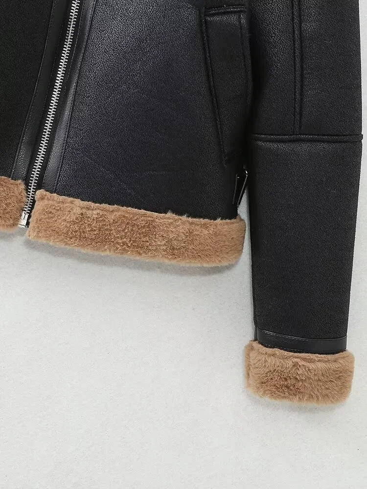 2025 Winter New Women's Casual Fashion Simple Versatile Reversible Short Collar Long Sleeve Jacket Leather Coat