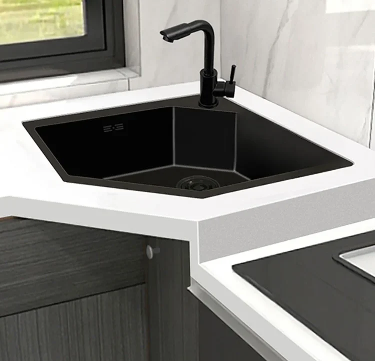gold steel nano handmade corner sink, kitchen corner washbasin, irregular shaped sink