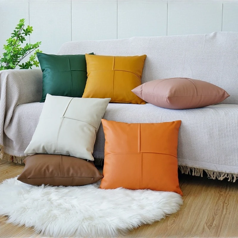 Solid PU Leather Pillow Covers Minimalist Patchwork Cushion Covers Sofa Throw Pillow Cover with Zipper Lumbar Support Backrest