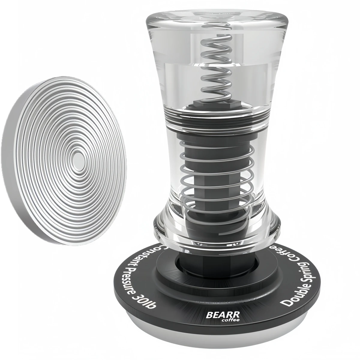 

Аксессуары для эспрессо Тампер с двойной пружинной системой и встроенной выравнивающей юбкой для точного и равномерного сжатия кофе