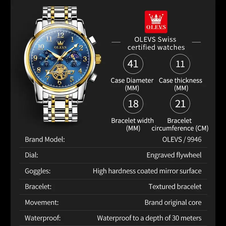 Original OLEVS 2903 Quartz Watch for Men Moon Phase Auto Date Stainless Steel Waterpoof Wristwatch Men TOP Brand Business Watch