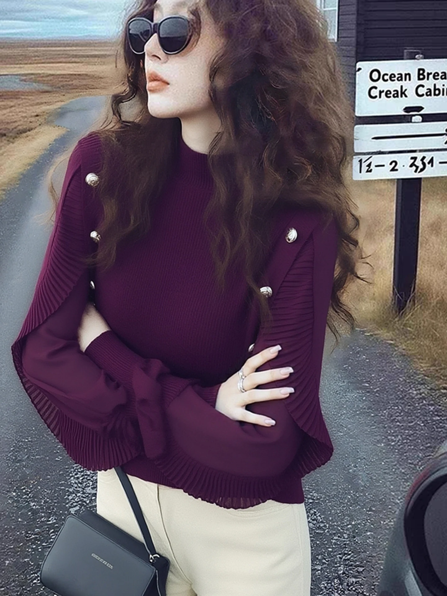 Faionable camisola de malha feminina botão decorado camada base irt outono inverno longo sve redondo ne ajuste regular malhas