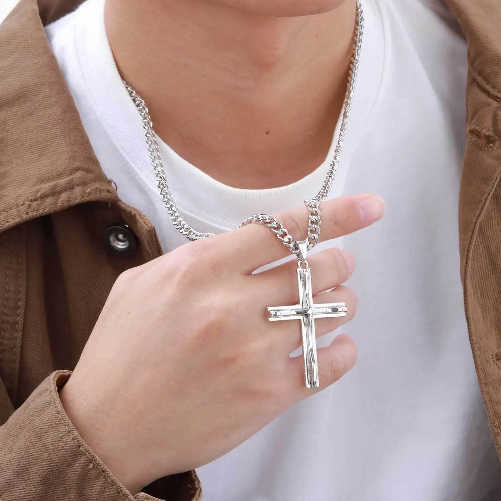 Cross Pendant Necklace for Men,Hip Hop Metal Pendant Necklace with Stainless Steel Cuban Chain,Christian Classic Jewelry Gift