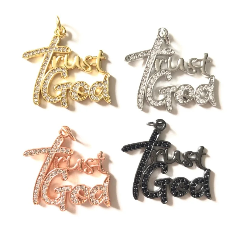 5pcs Zirconia Paved Trust God Word Letter Charm for Women Bracelet Making Religious Necklace Pendant Jewelry Accessory Wholesale