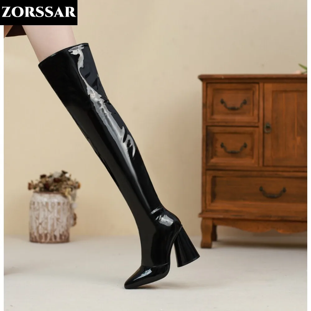 

Women Long Boots Sexy High Heels Patent Leather Over The Knee Boots Autumn Winter Warm Shoes Female Slim Thigh High Boots Party