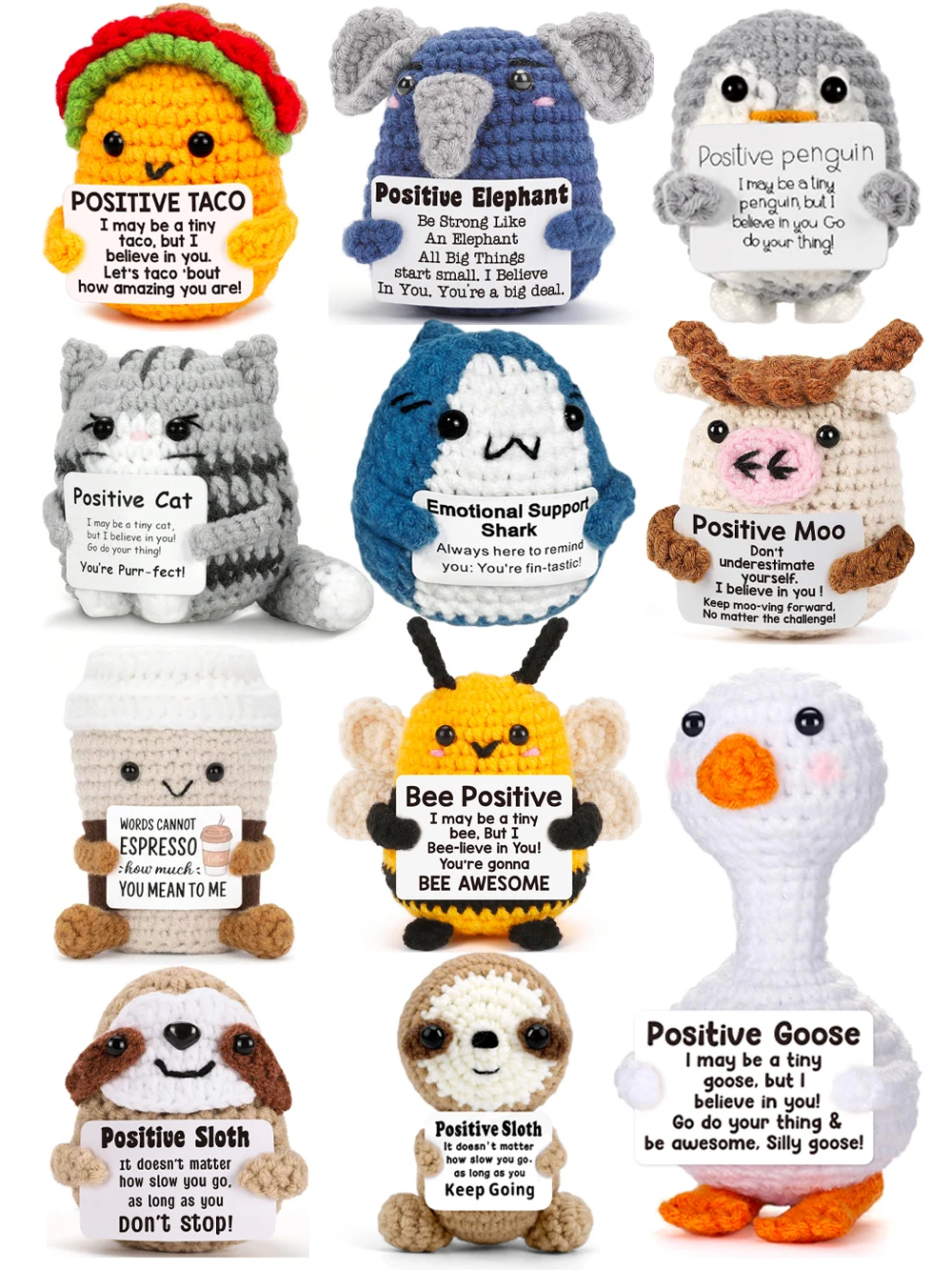 1 mini animal au crochet à énergie positive, un cadeau d'anniversaire amusant et inspirant pour femmes, hommes, amis, collègues, en forme d'un requin, canard ou chat, livré avec une carte d'énergie positive, décoration chaleureuse et mignonne pour les anniversaires, Noël et la Saint-Valentin
