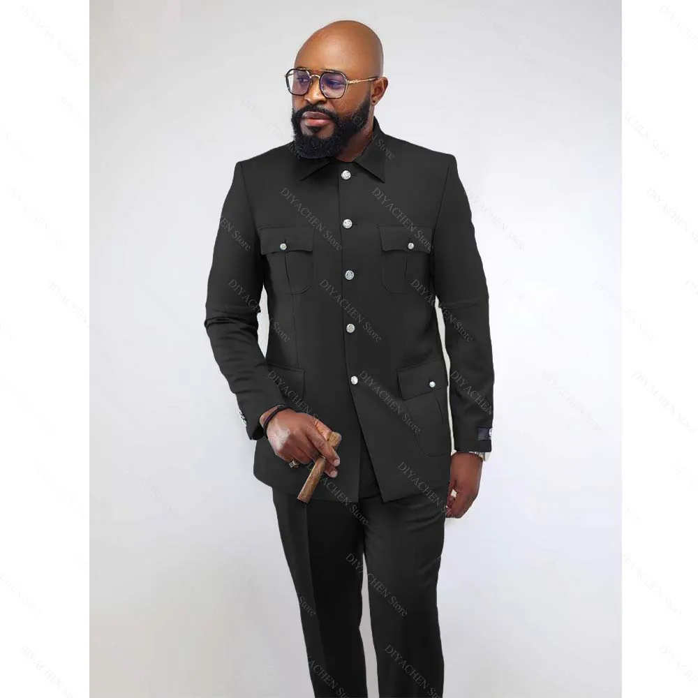 Trajes elegantes con cuello levantado para hombre, trajes informales inteligentes ajustados con una hilera de botones, esmoquin para fiesta de boda, traje masculino de dos piezas de Color sólido