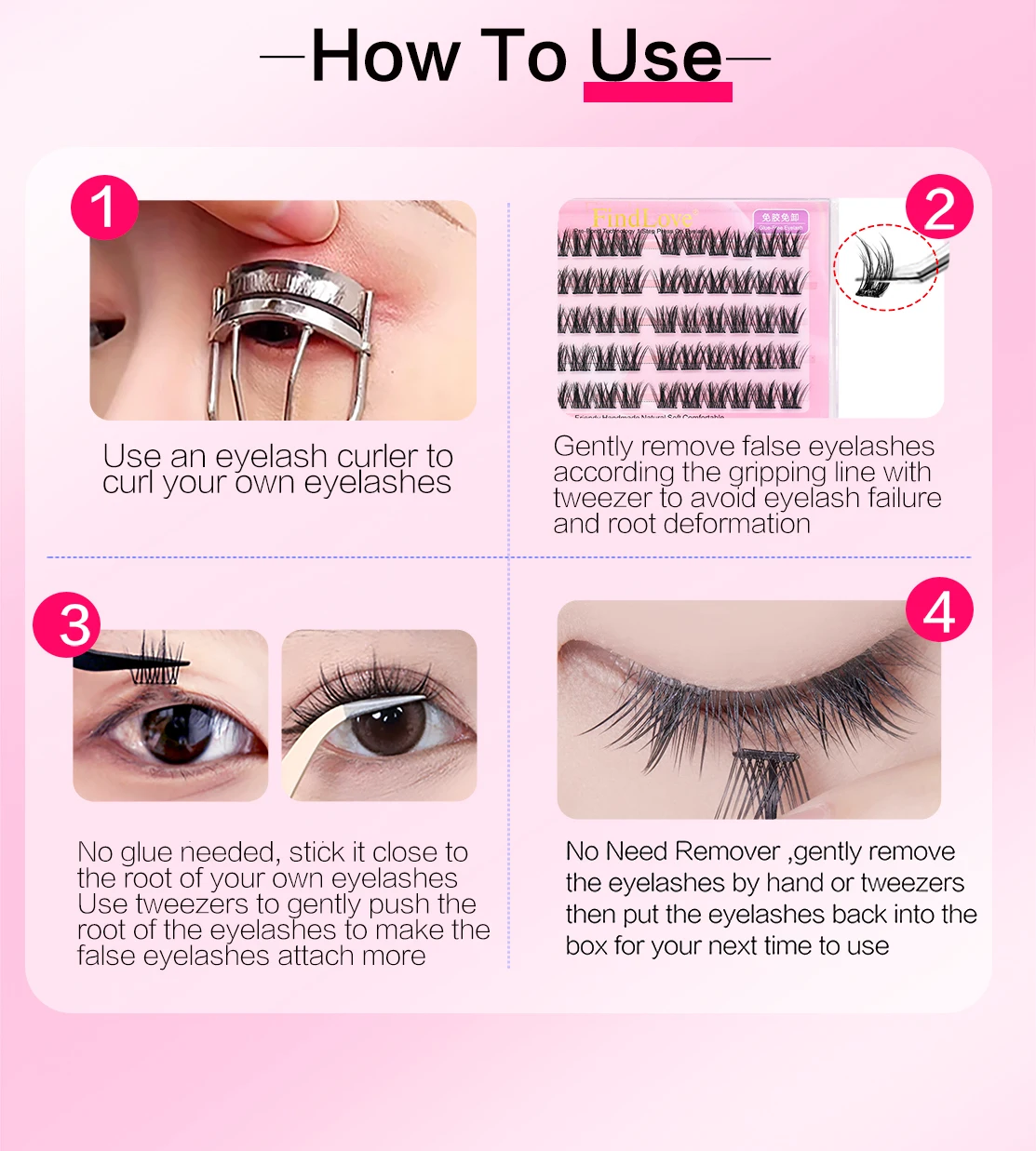 FindLove 5D-Wimpern ohne Kleber, kein Kleber erforderlich, 11–12 mm Wimpern, W-Form, selbstklebend, wiederverwendbar, langlebig, vorgeklebtes Wimpern-Make-up – Detail 10