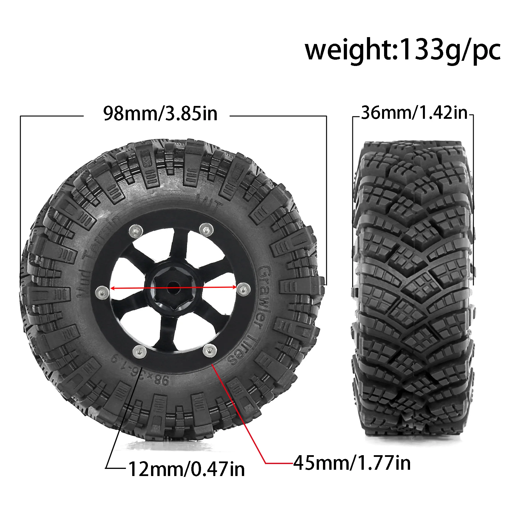 1.9Beadlock Wheel Rim Rubber Tire Set for 1/10 RC Crawler Traxxas TRX4 RC4WD D90 D110 Axial SCX10 MST
