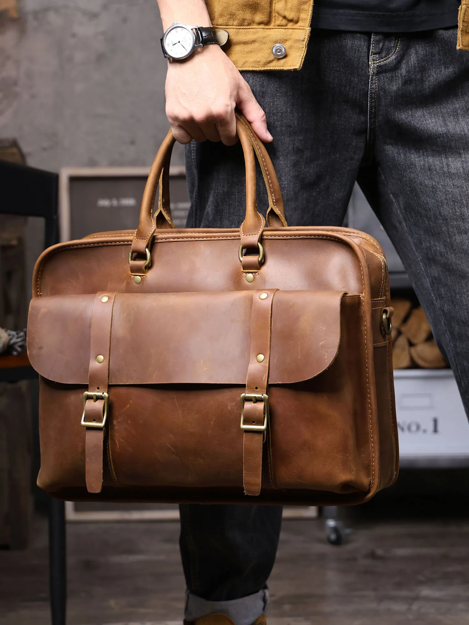 S.WORKER Vintage Echtleder Herren-Aktentasche Laptop-Tasche Crazy Horse Leder Messenger-Handtasche Rindsleder Geschenkidee für Männer – Detail 5