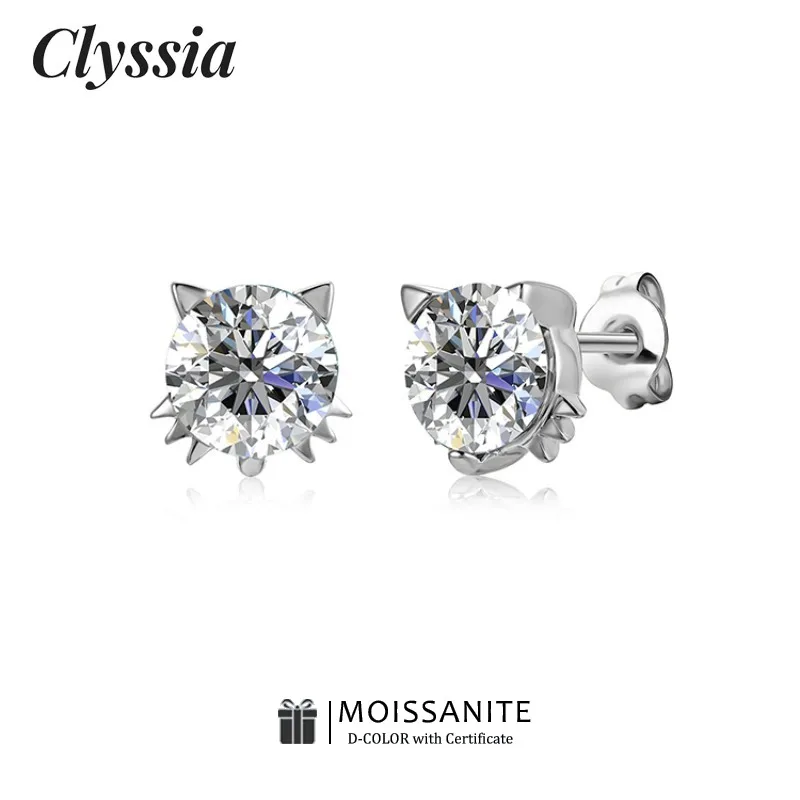 

CLYSSIA 7mm D Color VVS1 Moissanite Stud Earrings Cute Animal Design with 18k White Gold Plated 925 Sterling Silver Fine Jewelry