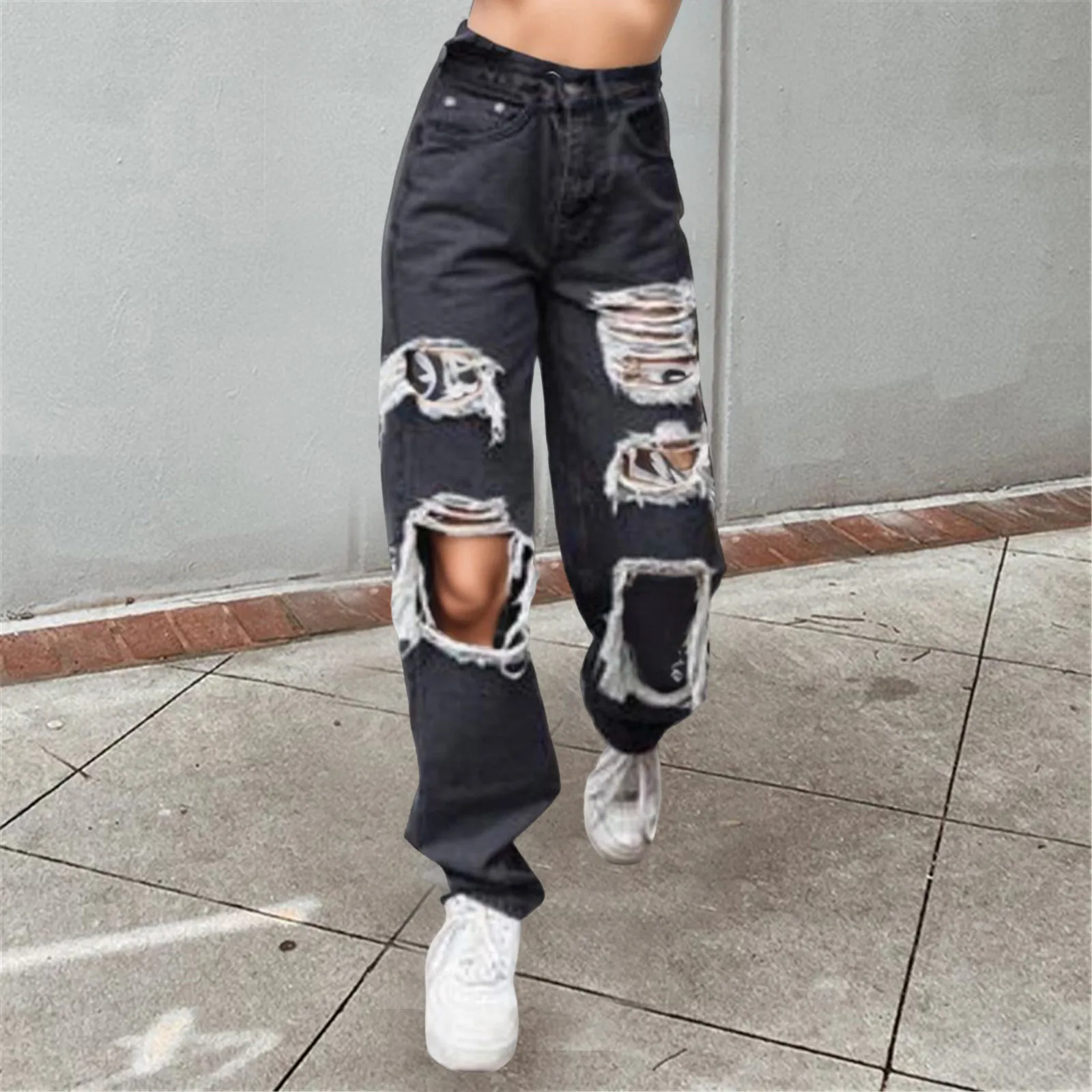 

Hole Korean Oversize Streetwear Pants Ladies Hollow Out Ripped Straight Jeans Blue Punk Baggy High Waist Mom Boyfriend Denim