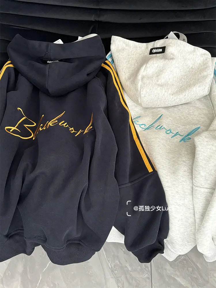 Embroidered letters college style heavyweight hooded sweatshirt for women INS plus velvet Korean style top women clothing