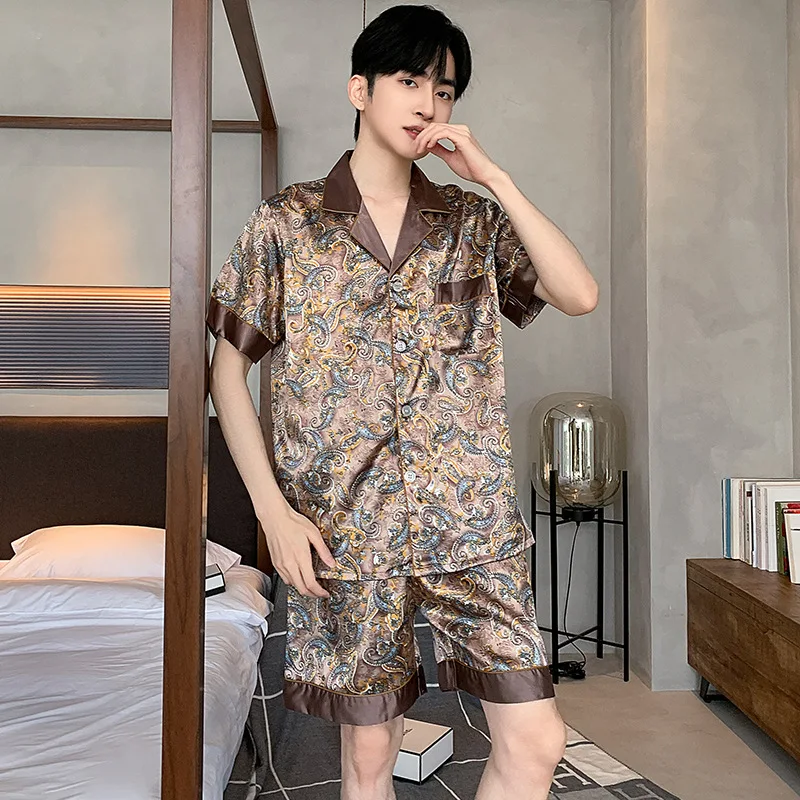 New Trousers Long Sleeve Silk Satin Pajama Sets Men Sleepwear Printed Nightgown Home Male Satin Soft Cozy Sleeping Men Pijama