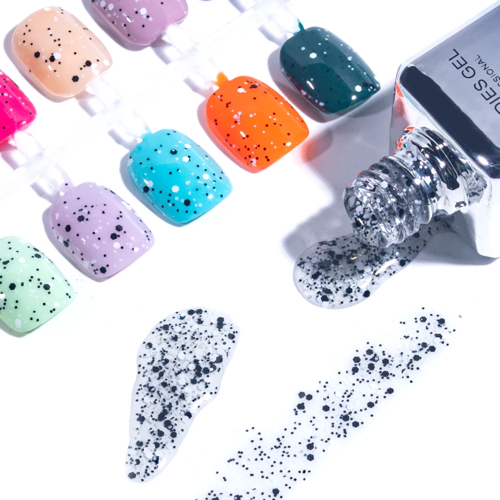KODIES GEL Confetti Glitter Top Coat UV Gel Nail Polish 15ML Semi Permanent Black White Sequins Nail Art Decorations Gel Finish