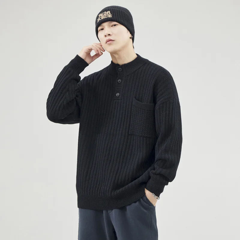 

American Retro Crew Neck Pullover Solid Colour Sweater Men's Button Loose Thickened Casual Knit Warm