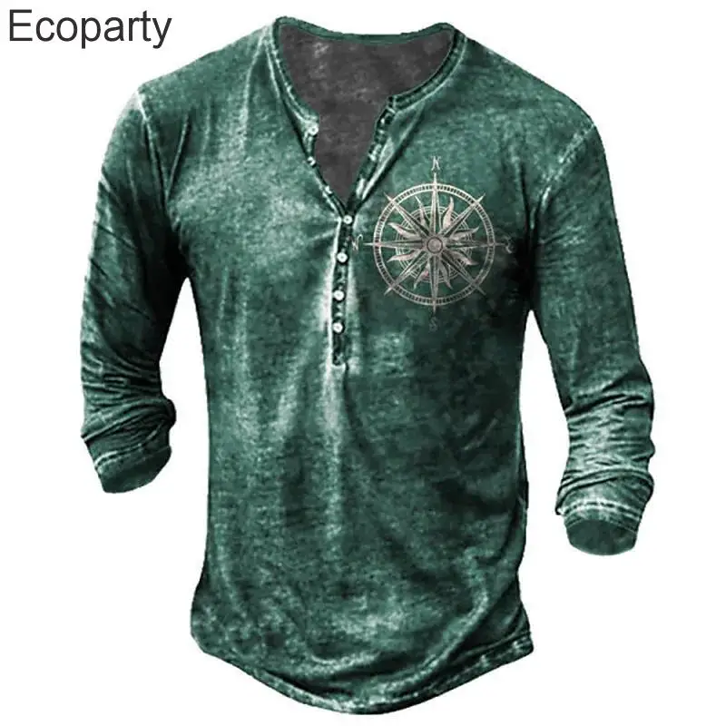 New Medieva Vintage Men's T-Shirt Tradition Ethnic Pattern Print O-Neck Long Sleeve Tops Spring Autumn Long Sleeve Male Clothing