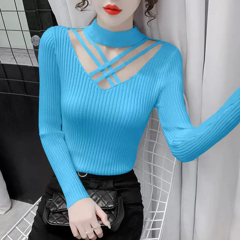 

Knitted Sweaters For Women Halter Neck Clothing Sales Elegant Japanese Style Trend Korean Fall Hollowed-out Blue Female Pullover
