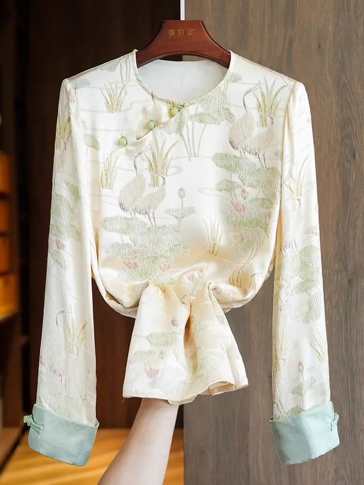 بلوزات جاكار من الحرير الساتان للنساء قمصان فضفاضة بأكمام طويلة مطرزة على الطراز الصيني العتيق بلوزة شيونغسام