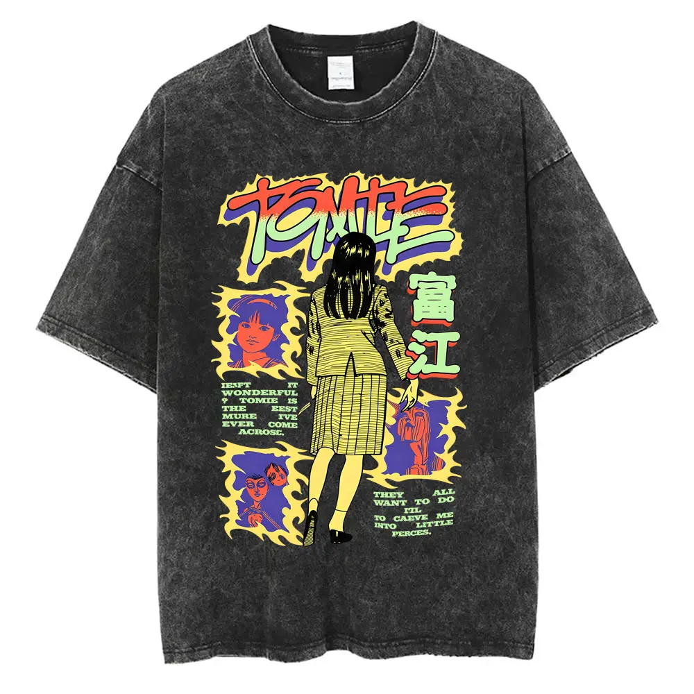 Hot Sale Anime Tomie Junji Ito Vintage Washed T-shirt Men Women Manga Horror Gothic T Shirt Men's Clothing Retro Cotton T-shirts