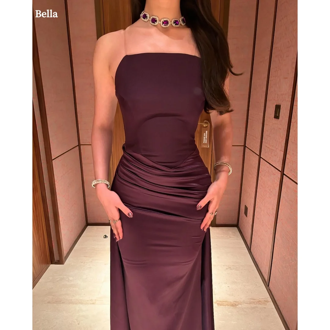 

Bella Customized Burgundy Strapless Satin Prom Dress Ruched Waist Slim-Fit Floor-Length Elegant Gown robes de soirée Party Dress