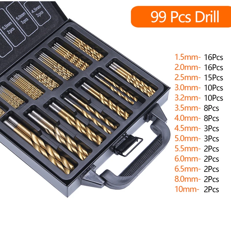 

99PCS HSS Twist Drill Bit Set 1.5-10mm Titanium Coated Surface 118 Degree For Drilling wood Thin Metal Home Use With Box