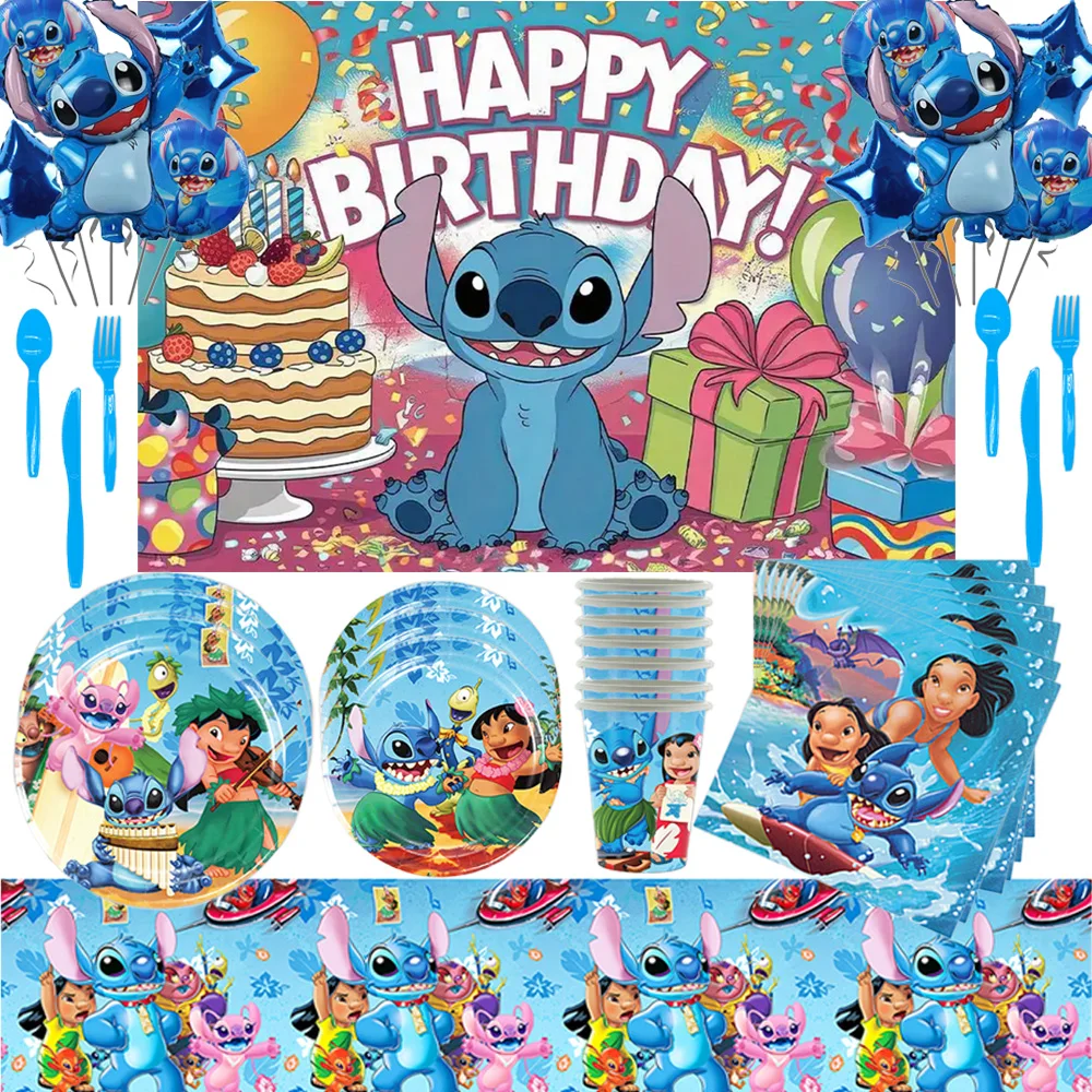 

Disney Lilo&Stitch Theme Party Decoration Tableware Balloon Cake Toppers Plate Banner Baby Birthday Background Supplies Gifts