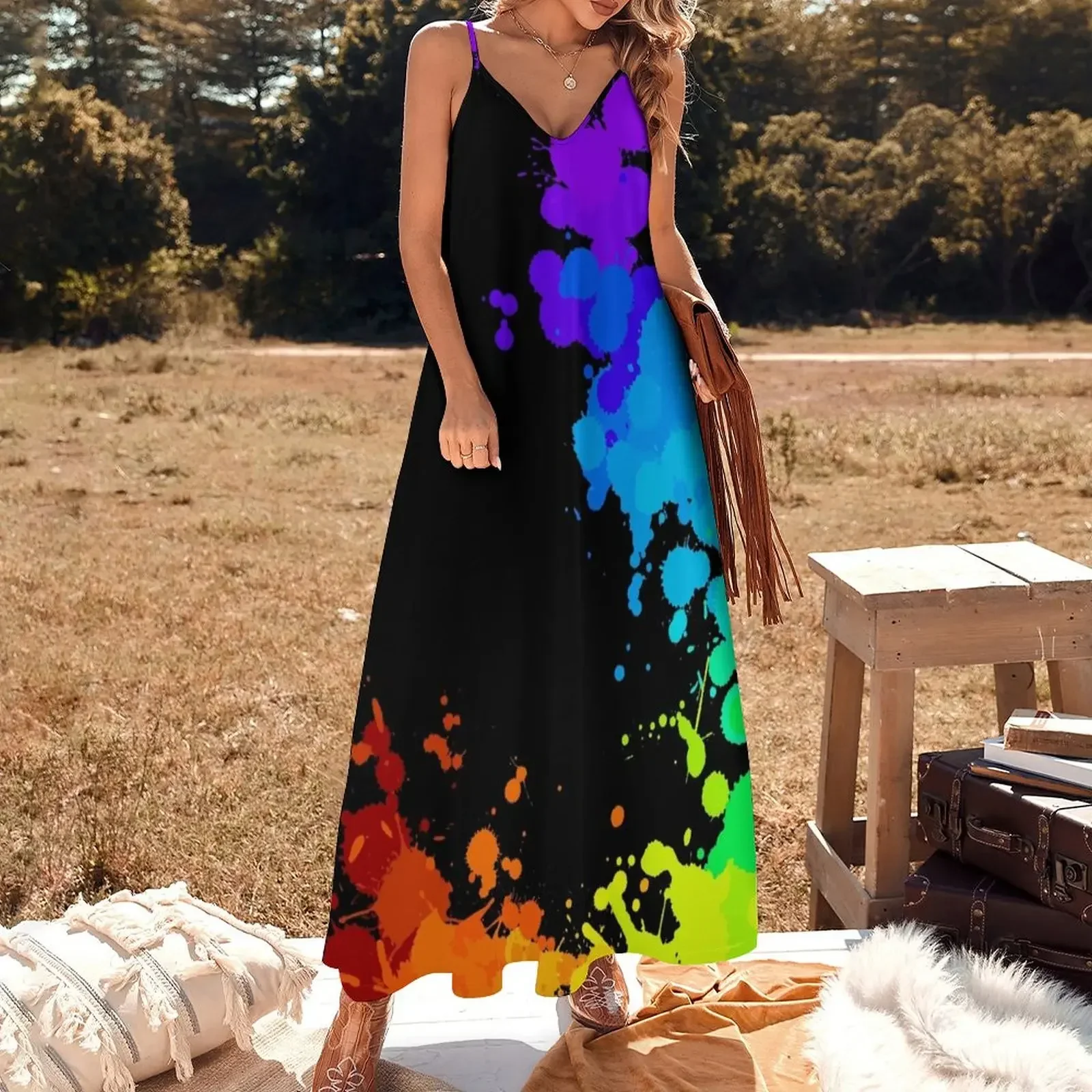 Rainbow Splatter Sleeveless Dress Long dress woman women's luxury party dress